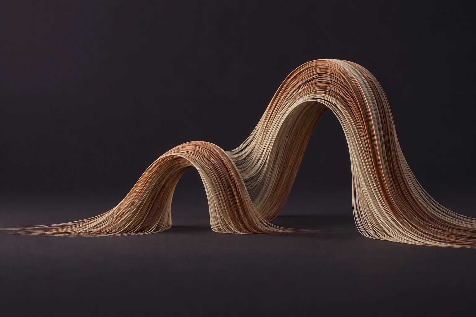 Fine copper and parchment threads forming two connected arches against a dark ink background.